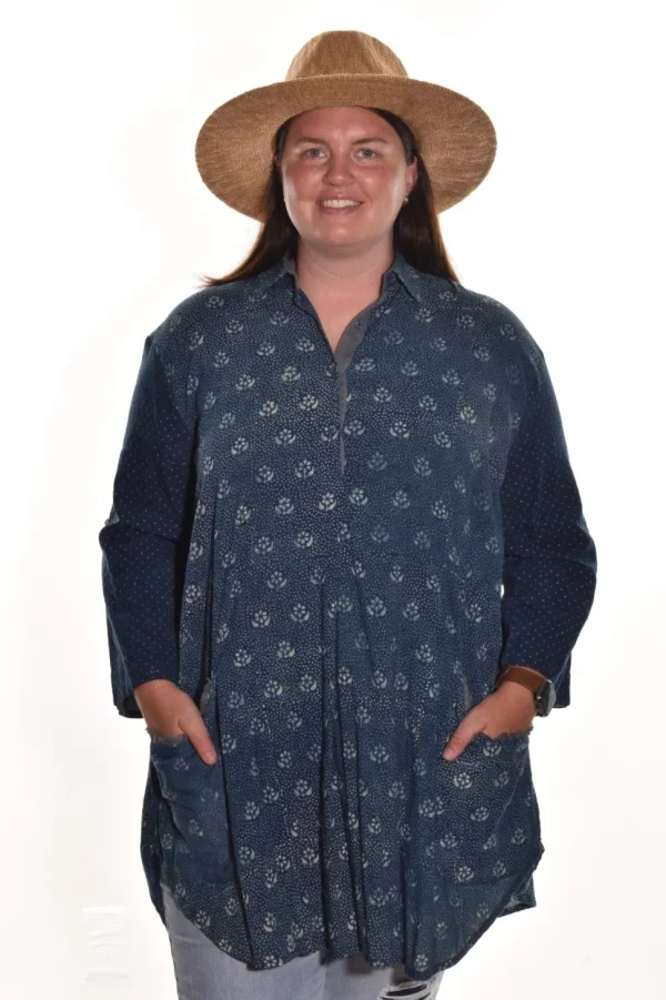 Lea. Double Pocket Tunic With Indigo Handblock Print In Organic Cotton.