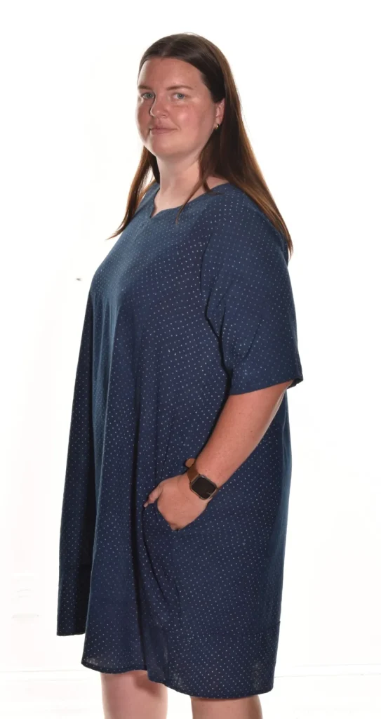 Lea. Lantern Dress With Indigo Polka Dot Handblock Print In Organic Cotton.